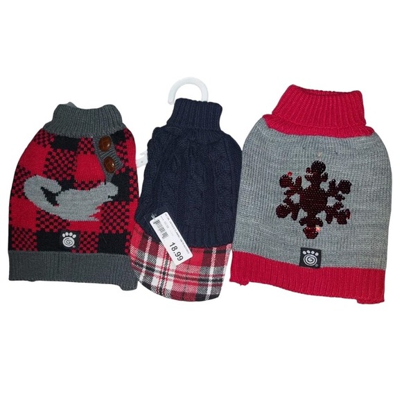 Fashion Pet Other - Bundle 3 XS Dog Sweaters Winter Theme Grey And Red Snowflake, Squirrel, Plaid
